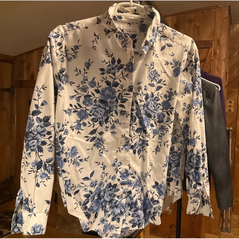 Talbots, long sleeved, cotton blue-flowered blouse, size M